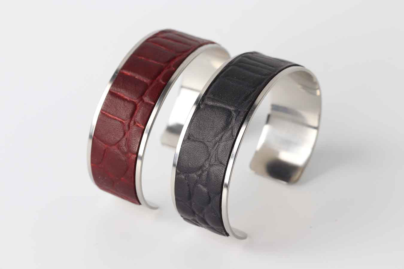 Cuff Bracelets with leather made from stainless steel with silver shine made by Kaseta