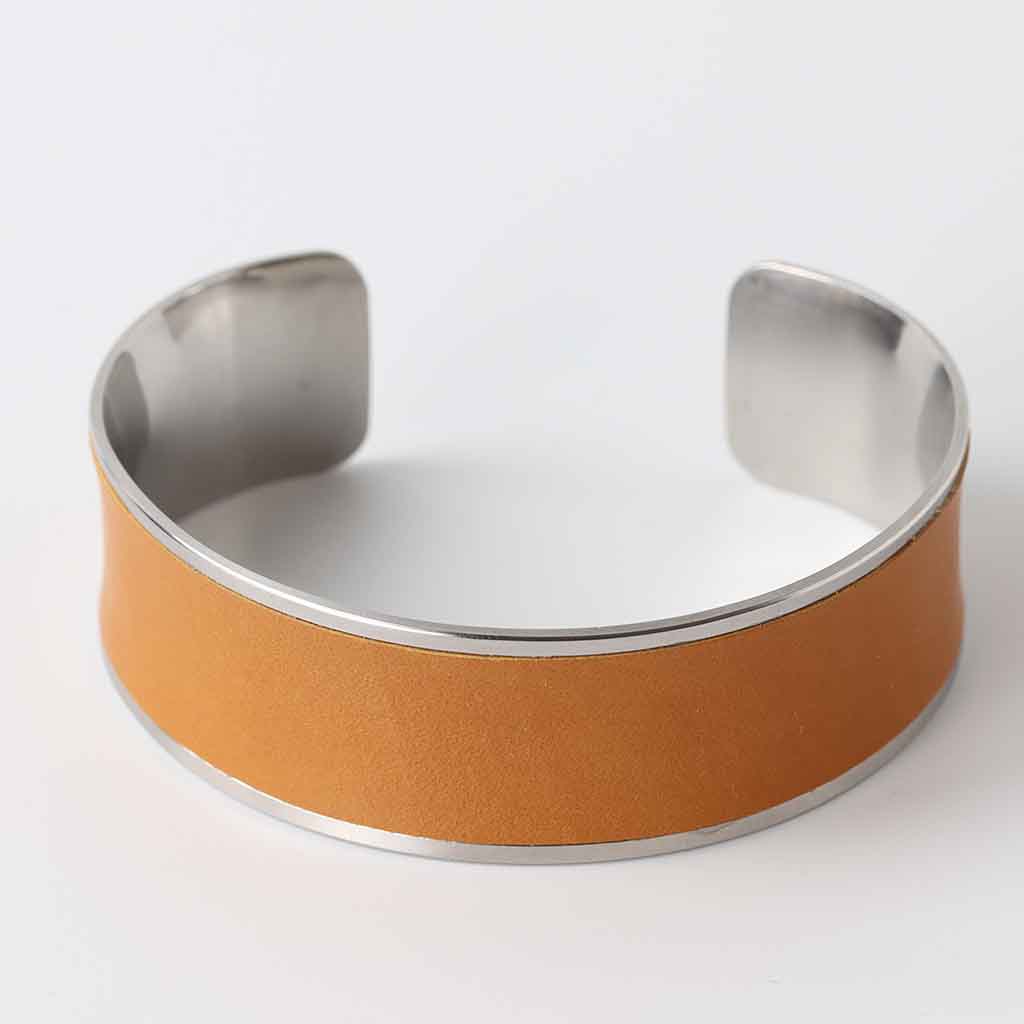 leather Tan cuff bracelet for women with stainless steel silver shine base by Kaseta
