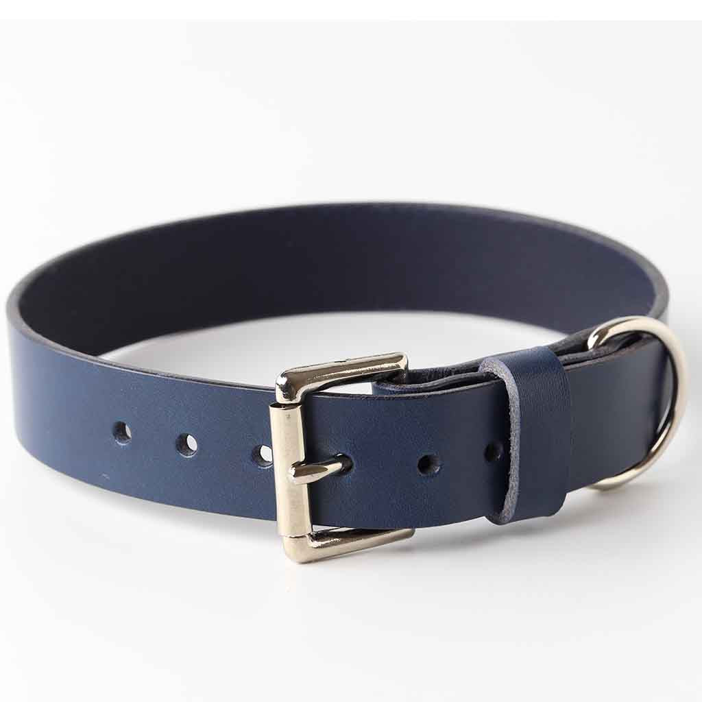 Leather blue dog collar by Kaseta English bridle leather