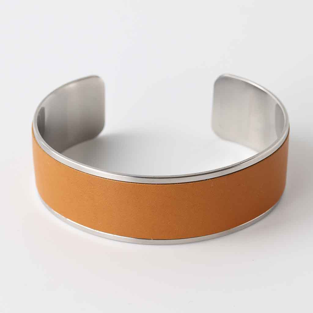bracelet for women with tan leather on polished stainless steel for silver look