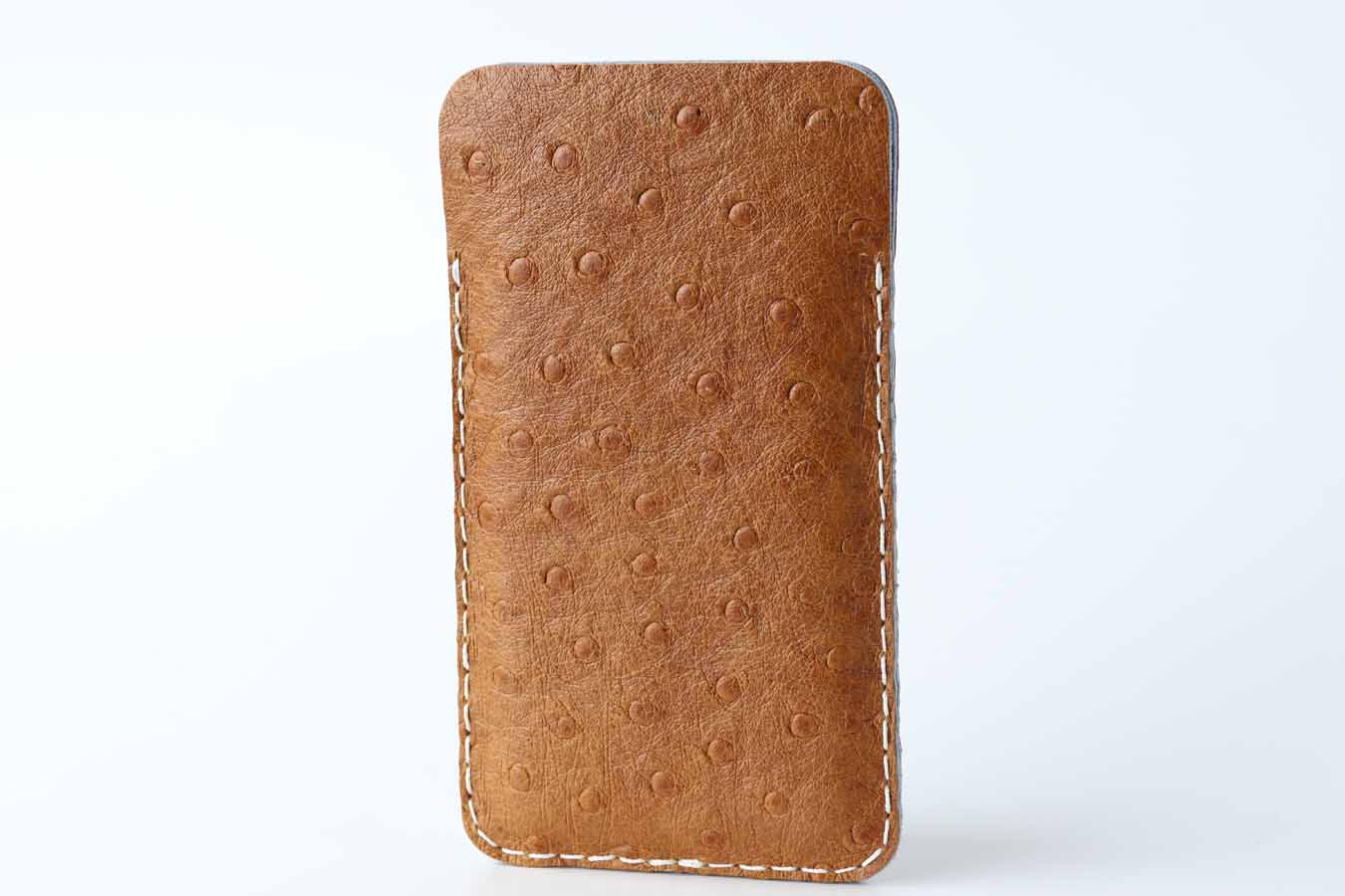 Tan leather sleeve for iPhone 15, ostrich leather 
