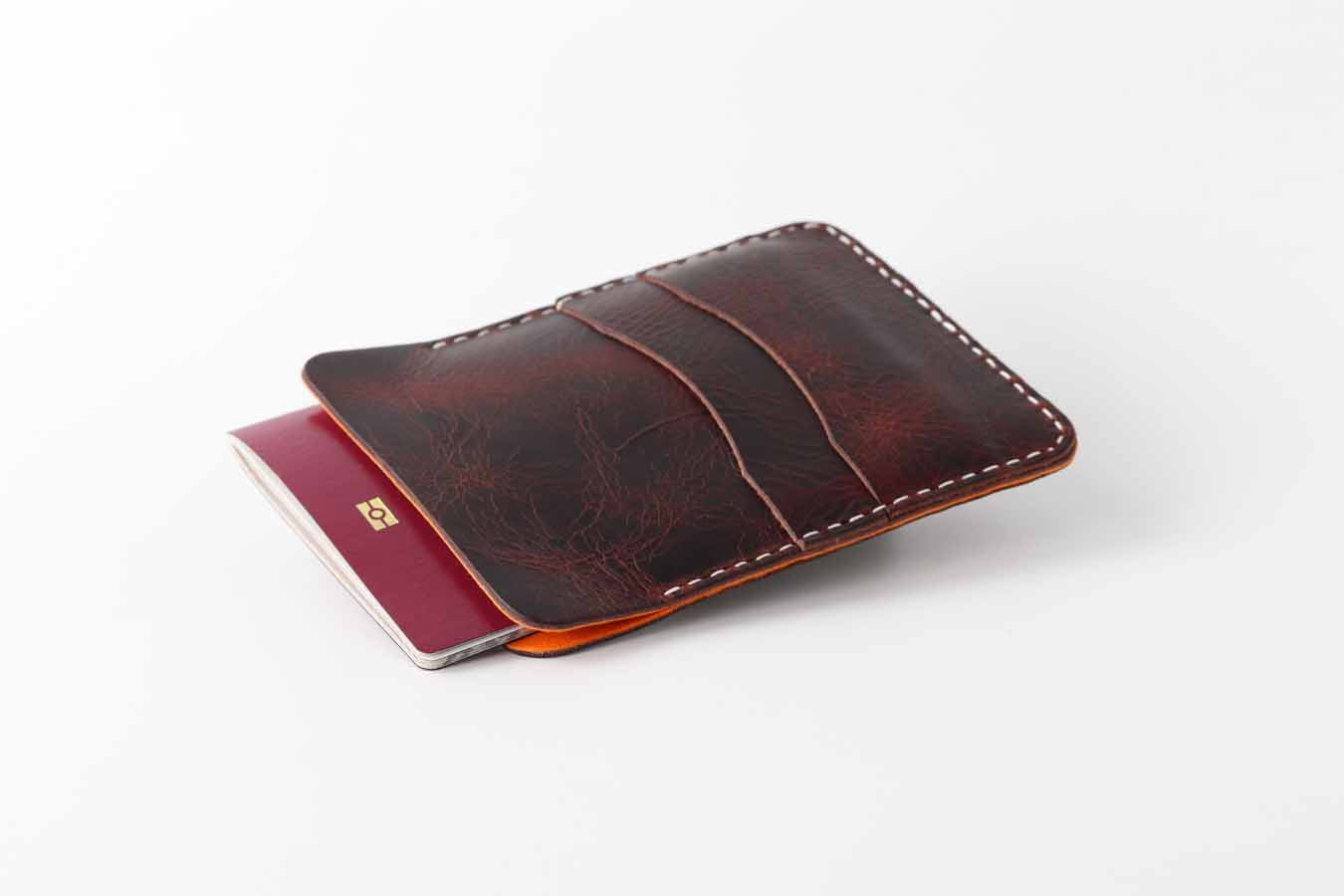 travel passport wallet organiser sleeve in dark brown and orange by kaseta