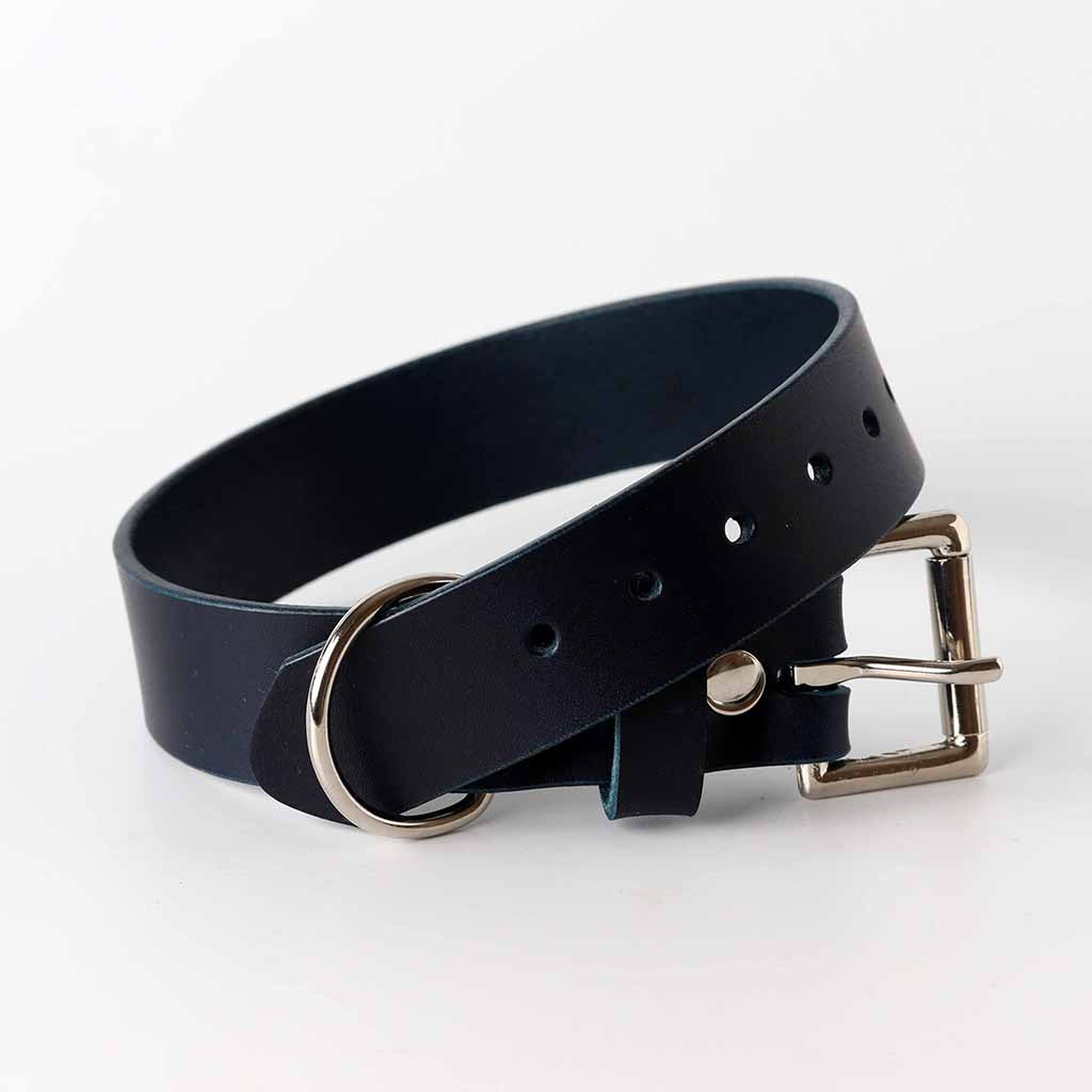 Italian leather Navy Blue dog collar made in UK by Kaseta