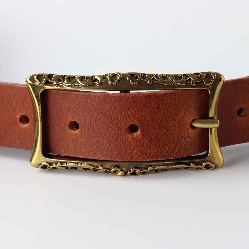 ladies brown leather belt with ornate buckle in  aged brass colour by Kaseta