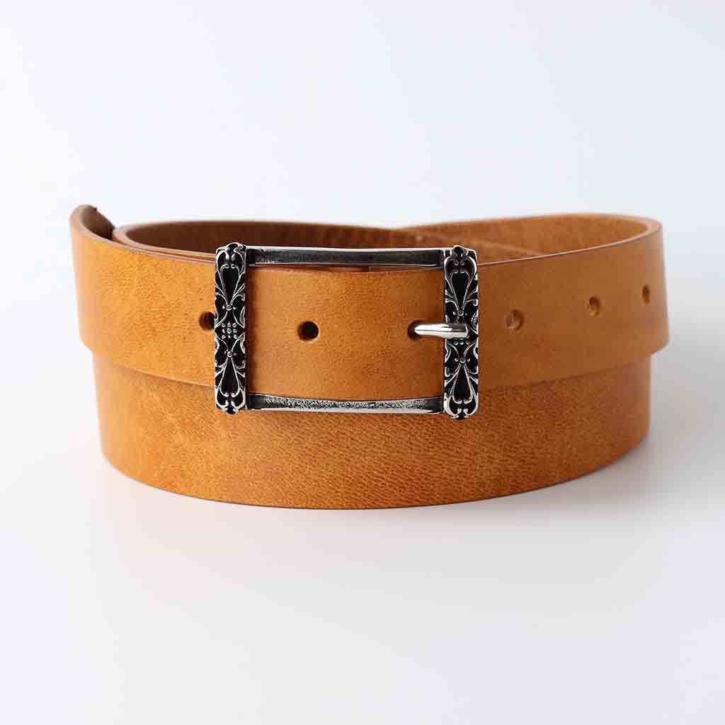 women's tan leather belt with aged look buckle, handmade by Kaseta in UK
