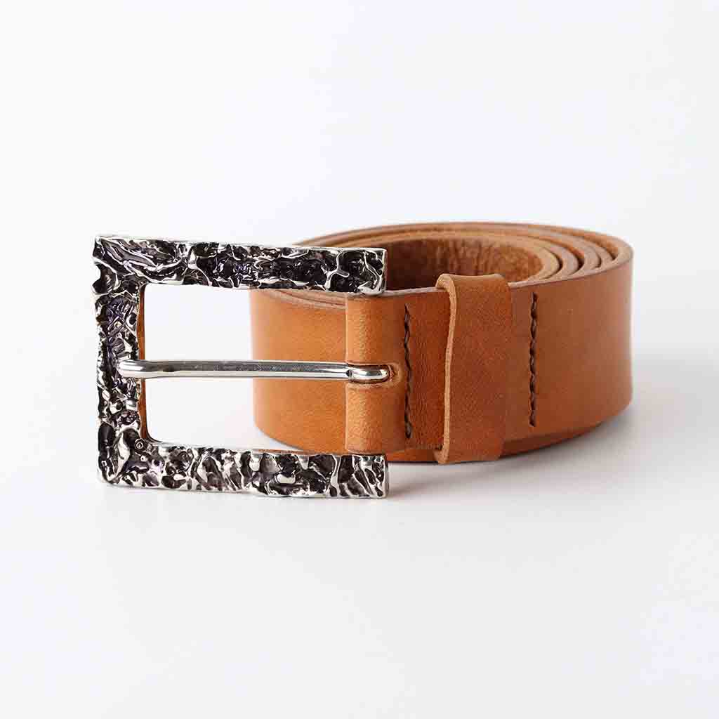  unisex tan leather belt Laro with aged buckle by Kaseta