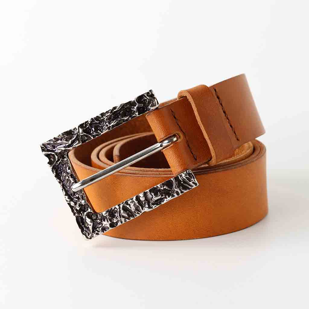 mens Tan leather belt by Kaseta Laro with aged buckle