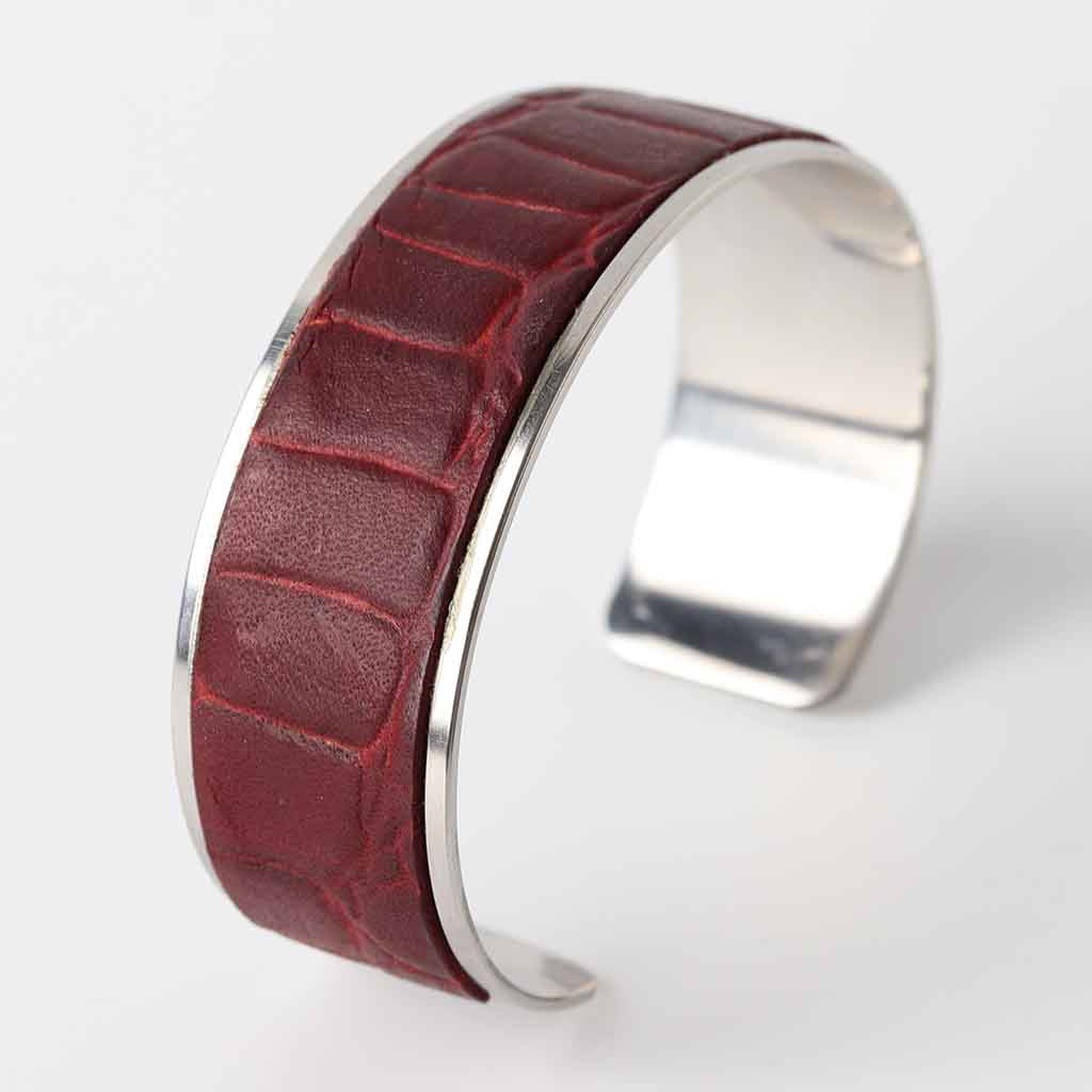 Leather cuff bracelet for women with silver shine polished stainless steel and burgundy crock belly leather.