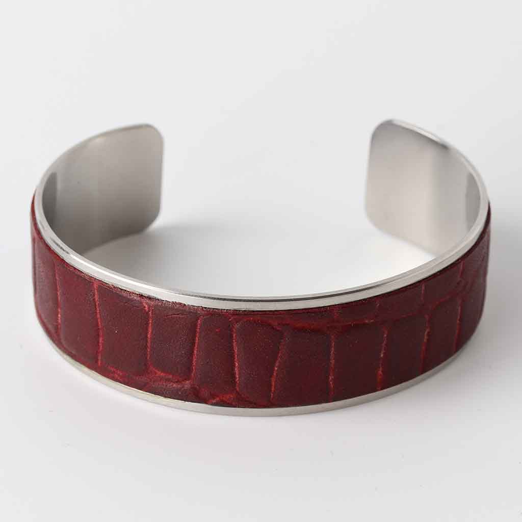 Burgundy leather cuff bracelet for women, with silver shine base, made from stainless steel and mock crock leather by Kaseta