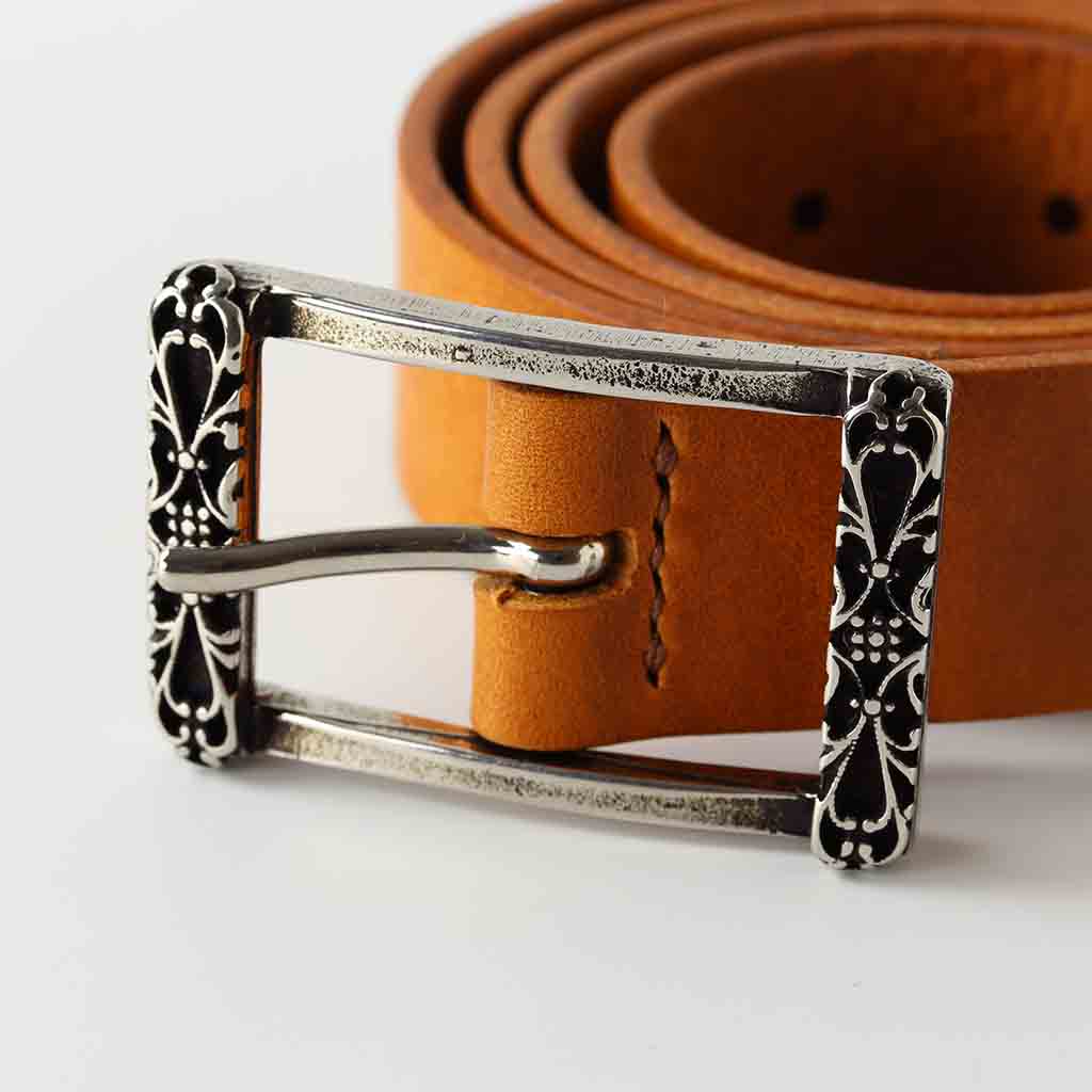 ladies tan leather belt Savia by Kaseta with palladium plated buckle